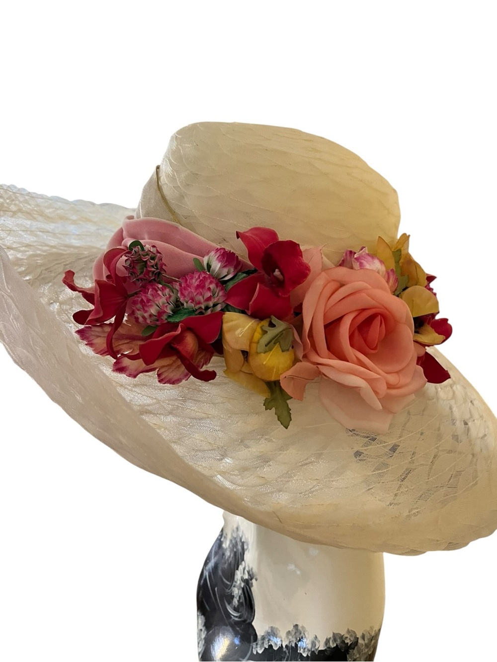 NWT Eric Javits Cream Wide-Brim Straw Hat with Pink Yellow Floral 17” - Picture 4 of 13